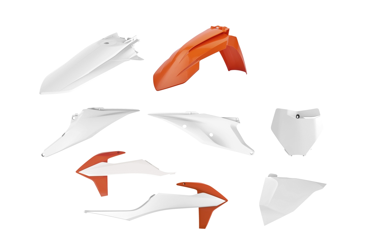Kompletní sada plastů POLISPORT 90912 (POLISPORT kompletní sada plastů KTM SX/SX-F 19-22 v sadě tabulka přední (8574200001) barva bílá oranžová OEM)